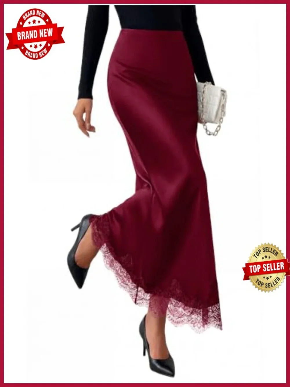 Satin Lace Trim High Waist A-Line Flowy Maxi Skirt